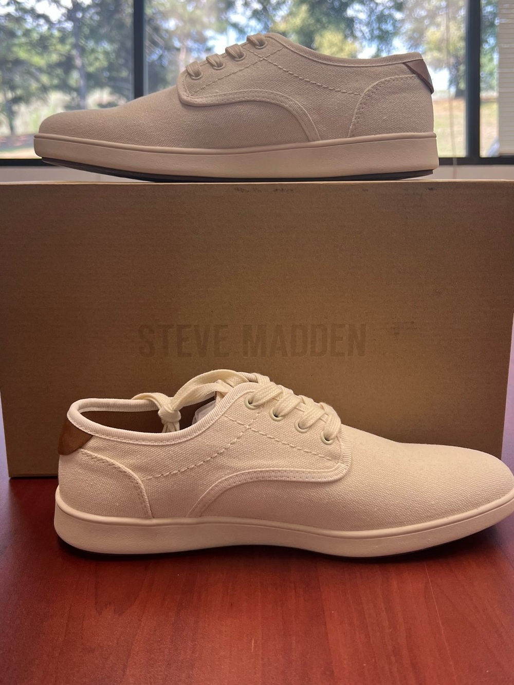 Steve Madden Women's Cream Canvas Sneakers with Tan Heel Tab
